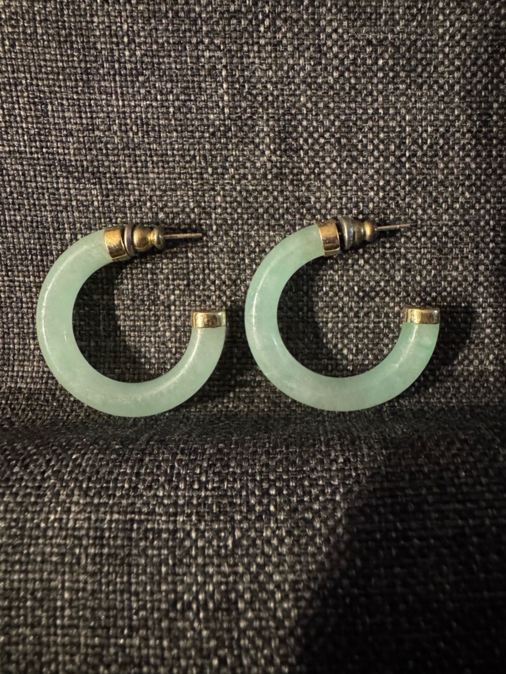 Light Green Jade Half Hooped Earrings Capped With Gold Tone Hardware